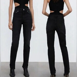 ZARA SPLIT HEM SLIM JEANS BLACK HIGH RISE FULL LENGTH STRAIGHT LEG NO DISTRESS 8